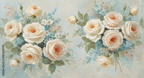 Elegant Cream Roses and Forget-Me-Nots: A Romantic Oil Painting