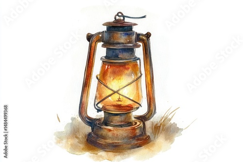 Rustic, warm-lit oil lamp, detailed watercolor