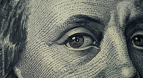 Close-up Detailed View of Benjamin Franklin's Eyes on a US One Hundred Dollar Bill, Intricate Engraving, Macro Photography of Currency