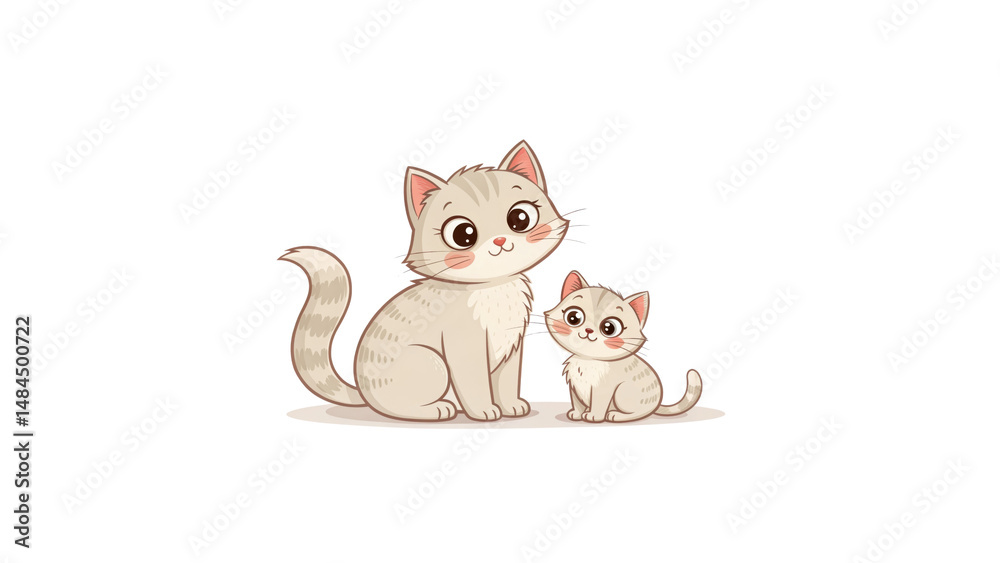Fototapeta premium Adult Cat and Kitten Sitting Together – Loving Feline Duo Isolated on Transparent Background