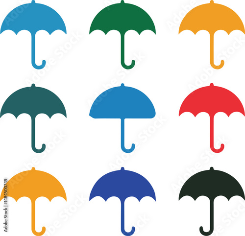 A vector set of colorful umbrella icons in a seamless pattern suggests rainy weather protection under a cloudy sky