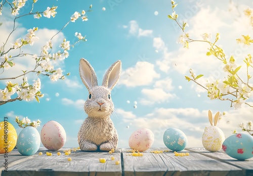 Easter eggs and bunny decorations on a wooden table with a blue sky background an Easter-themed e-commerce photography setup In the style