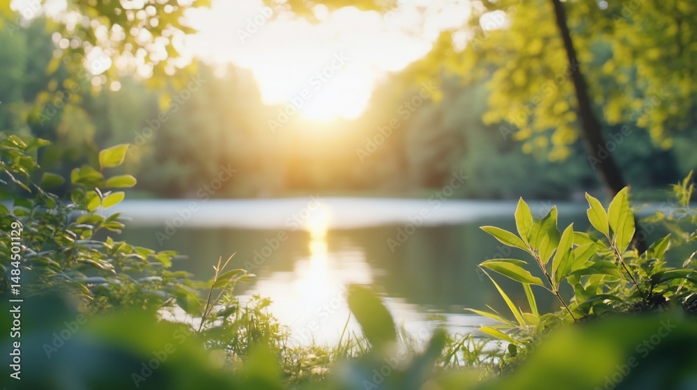 Fototapeta premium Lakeside sunset view with lush green foliage and glowing sun