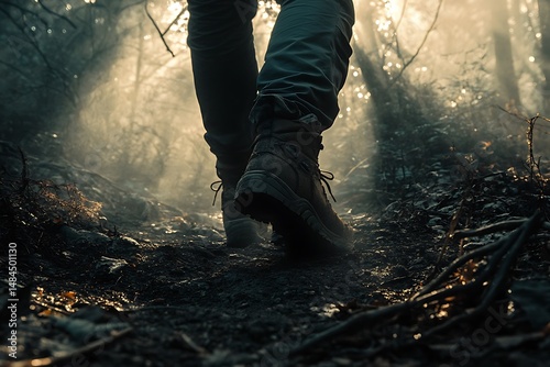 Hiking through a misty forest trail with sunlight streaking through trees and foliage