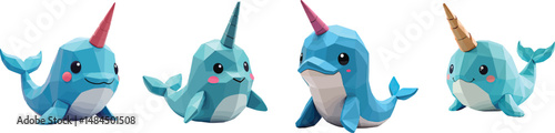 Cut Out Set of Low Poly Vector illustration Of Narwhal Plush Toy Isolated on Transparent or White Background.
