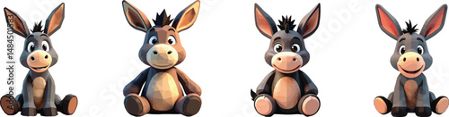 Cut Out Set of Low Poly Vector illustration Of Donkey Plush Toy Isolated on Transparent or White Background.