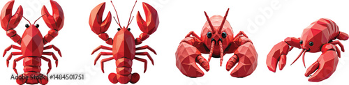 Cut Out Set of Low Poly Vector illustration Of Lobster Soft Plush Toy Isolated on Transparent or White background.