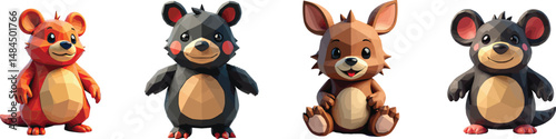 Cut Out Set of Low Poly Vector illustration Of Mole Plush Toy Isolated on Transparent or White Background.