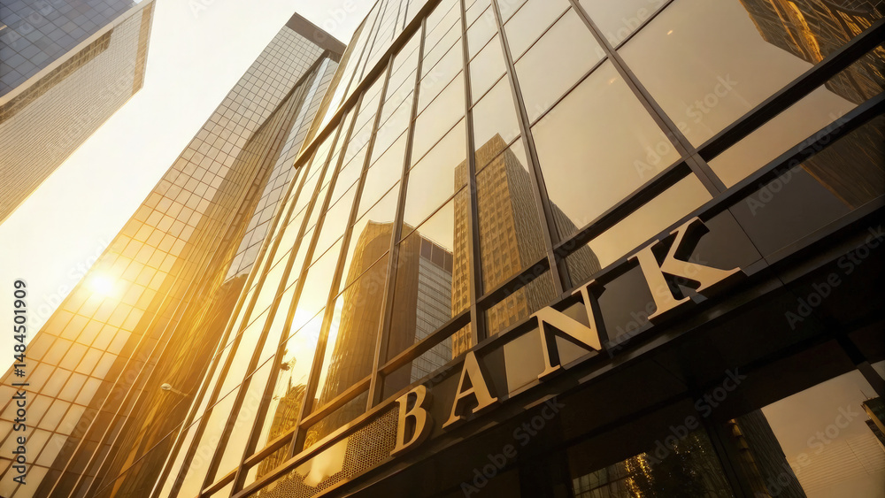 Fototapeta premium Modern central bank building with glass facade reflecting sunlight, symbolizing financial stability and economic power, banking and finance industry concept.
