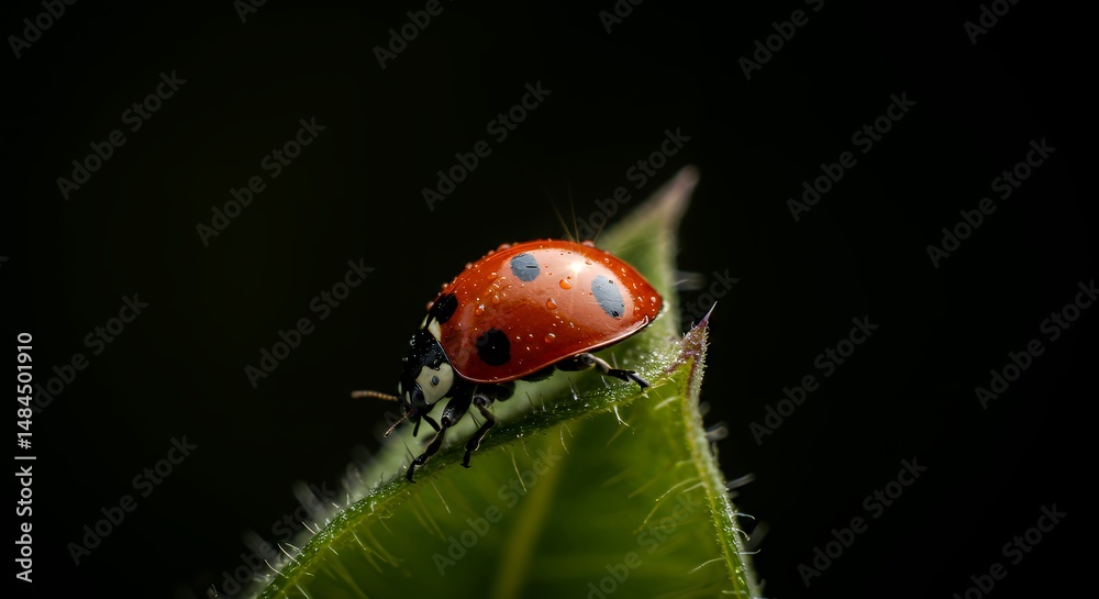 Fototapeta premium Macro Photography of a Ladybug on a Dew-Kissed Leaf Against a Dark Background