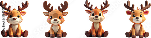 Cut Out Set of Low Poly Vector illustration Of Reindeer Plush Toy Isolated on Transparent or White Background.