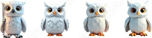 Cut Out Set of Low Poly Vector illustration Of Snowy Owl Plush Toy Isolated on Transparent or White Background. photo