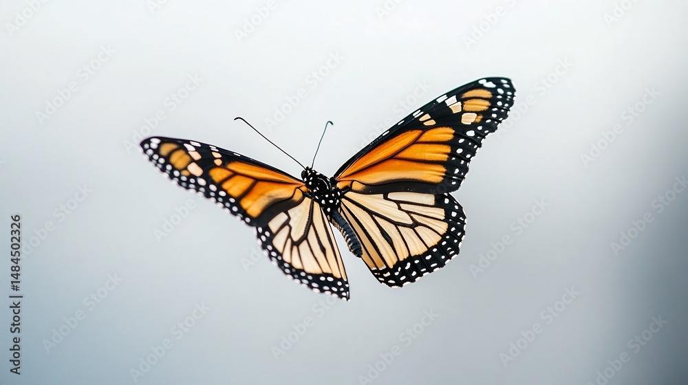 Naklejka premium Monarch butterfly in flight sharp details of the wings as it moves a perfect balance of motion and clarity against a clean white space overlay cut out on isolated transparent removed background