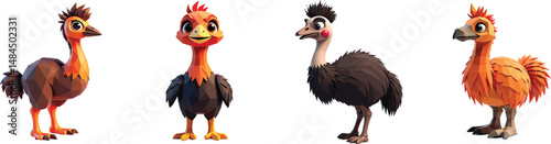Cut Out Set of Low Poly Vector illustration Of Emu Plush Toy Isolated on Transparent or White Background.