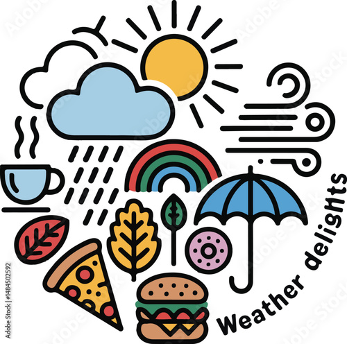 A colorful vector illustration showcases a set of hand-drawn weather icons featuring the sun, rain clouds, and an umbrella, designed with a cartoon art style