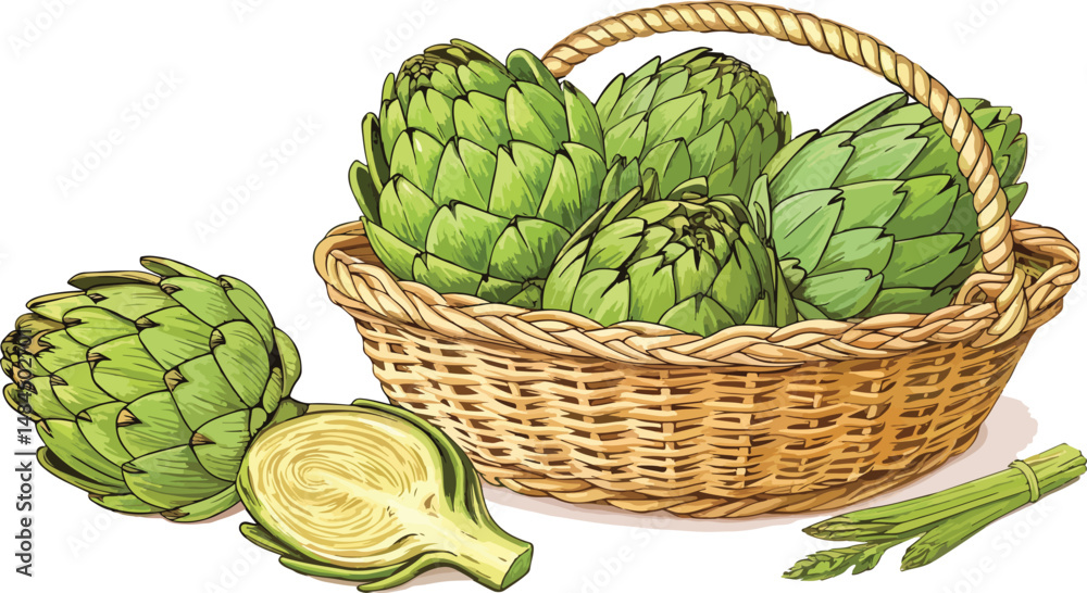 Fototapeta premium Artichoke in basket in white background vector design, Artichoke Illustration vector design