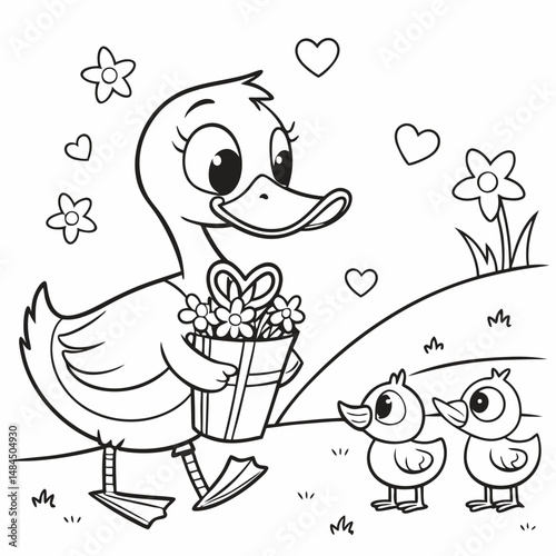 Cute kawaii duck family cartoon character coloring page vector illustration, Mothers day colouring page for kids