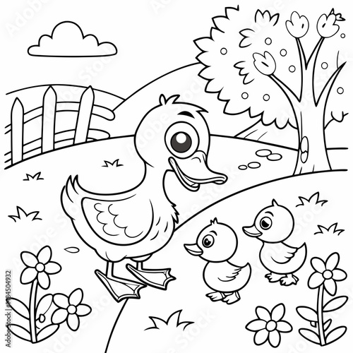 Cute kawaii duck family cartoon character coloring page vector illustration, Mothers day colouring page for kids