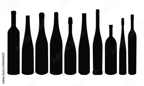 Set of tool icons and various wine and alcohol bottles in black silhouette style