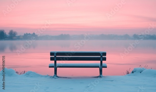serene snowy bench overlooking a frozen lake with soft pastel skies reflecting in the ice, Generative AI