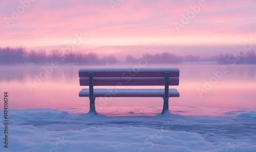 serene snowy bench overlooking a frozen lake with soft pastel skies reflecting in the ice, Generative AI