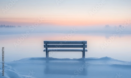 serene snowy bench overlooking a frozen lake with soft pastel skies reflecting in the ice, Generative AI