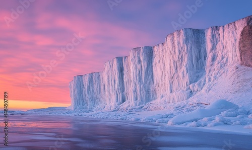 dramatic icy cliffs illuminated by soft pink and orange hues of a winter sunset, Generative AI