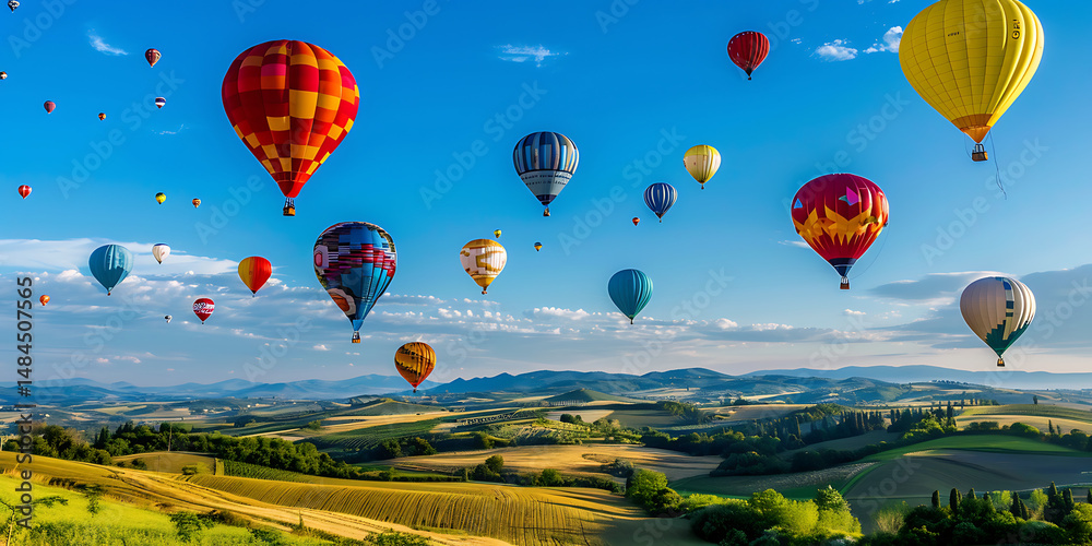 Obraz premium Colorful Array of Hot Air Balloons Floating Above Lush Green Fields and Rolling Hills