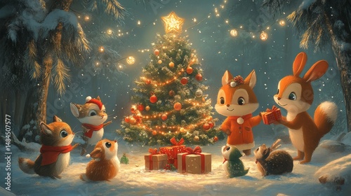whimsical illustration of woodland creatures exchanging gifts under a decorated evergreen tree, Generative AI