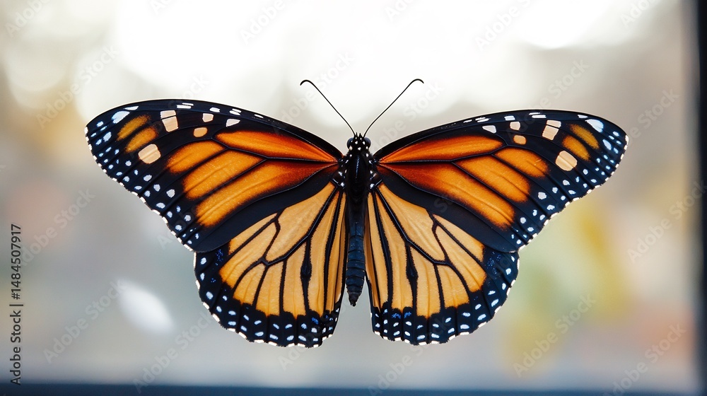 Fototapeta premium Monarch butterfly in soft focus elegant bokeh effect enhancing natural beauty warm orange tones and fine details bright white background overlay cut out on isolated transparent removed background