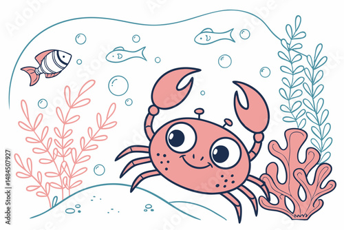 Cute kawaii crab cartoon character underwater background coloring page vector illustration