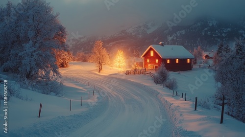 picturesque snow-covered countryside with a vintage red barn glowing warmly in the distance, Generative AI