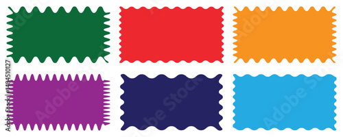  Scallop Frame Wavy Retro Stickers Collection. badge, banner , design of text box, Geometric zig zag wavy stickers.  Zig Zag Edge Geometric Borders Tag Boxes. vector illustration isolated on white bac