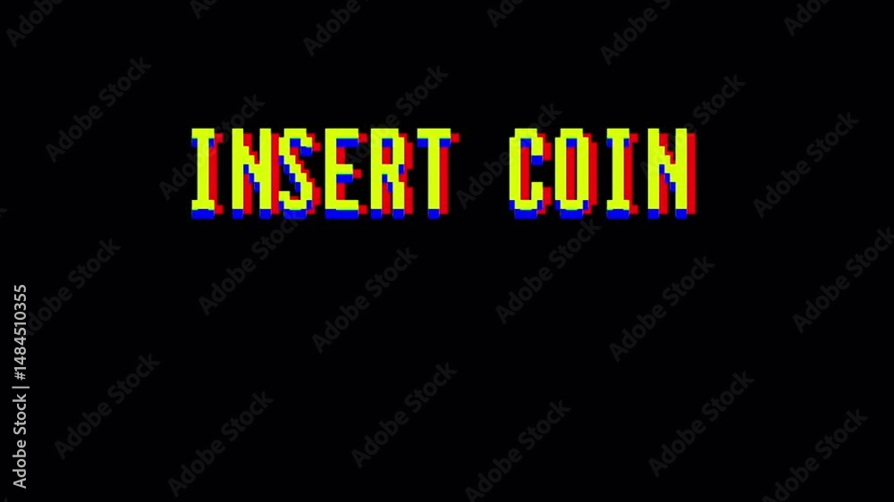 Insert coin in text titles. Classic arcade, vintage, retro 8-bit video game style. 