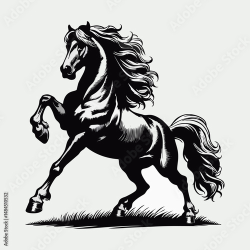 Vector Stallion Drawing in Black and White Featuring Flowing Hair and Engraved Body Lines for Tattoo Poster and Equestrian Art Design