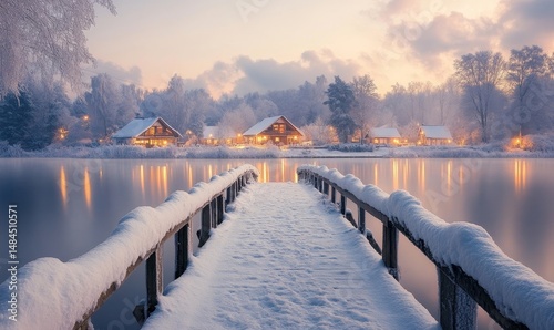 picturesque snow-covered bridge leading to a quaint glowing village under pastel skies, Generative AI