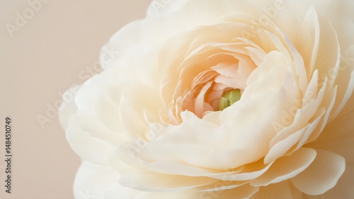 Closeup of a Ranunculus Flower with Layers of Delicate Petals Against a Soft Background