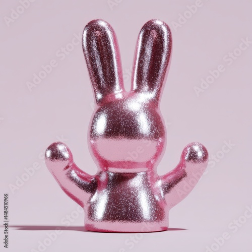 3D bunny with shocked hands-up reaction, shiny pink material