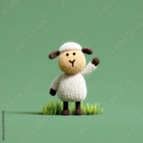 3D sheep doing hand wave goodbye, fluffy and pastel