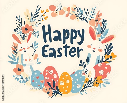 flat color cute simple illustration of a Happy Easter greeting with bunnies eggs and floral patterns in a circular frame on a light background Hand-lettered text reads Happy Easter