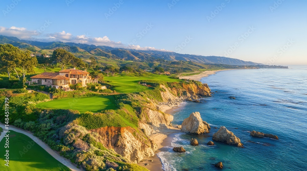 Obraz premium Aerial perspective of high coastal cliff with sweeping ocean views and rugged rocks