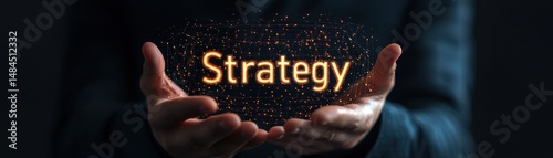 Business mindset with goals and focus concept. Hands holding a glowing word 