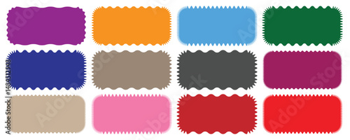 Zig zag wavy labels or curved badges, Abstract Elements for Frame, Stamp, Template, Promo Design, flowers and text boxes. Scallop edge kids geometric stamps. vector illustration isolated on white back