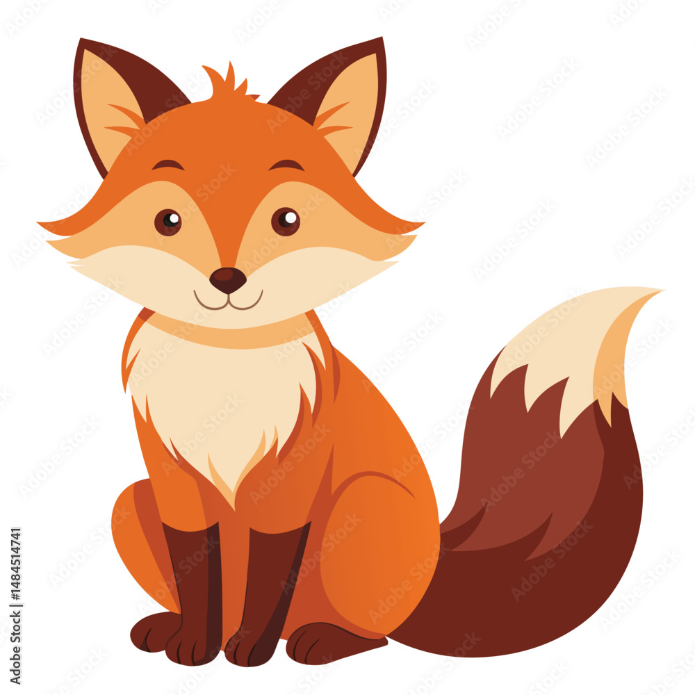 Fototapeta premium Adorable cartoon fox sitting and smiling with a fluffy tail on a white background