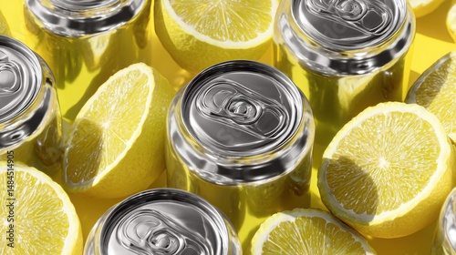 Refreshing beverage cans surrounded by lemon slices on a bright yellow background