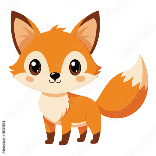 Adorable cartoon illustration of a cute orange fox smiling and looking friendly on white background