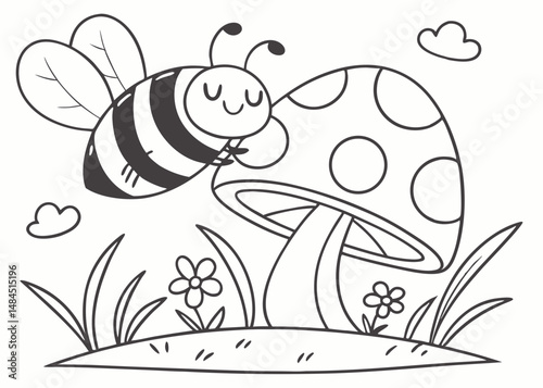 Cute kawaii cartoon character bee sleeping on the mushroom coloring page for kids