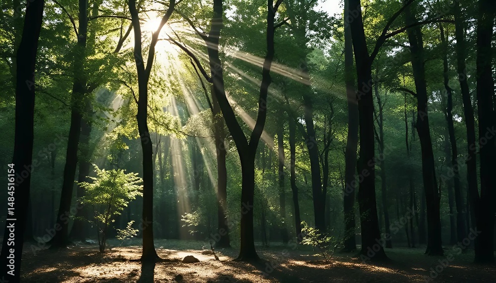 Naklejka premium Forest with sunlight joyfully shining through the trees against a lush green background