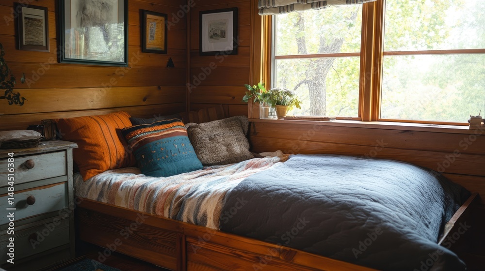 Fototapeta premium Cozy bedroom with wooden trundle bed and soft bedding