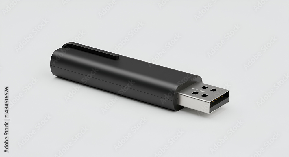 Black USB flash drive angled on a plain white surface. Modern, sleek design for storage. Generic device for illustrative use. no specific branding. Black USB flash drive angled on a plain white surface. Modern, sleek design for storage. Generic device for illustrative use. no specific branding.